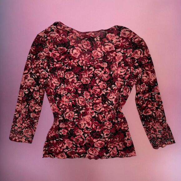 Vintage Express floral rose print mesh top - Picture 2 of 6